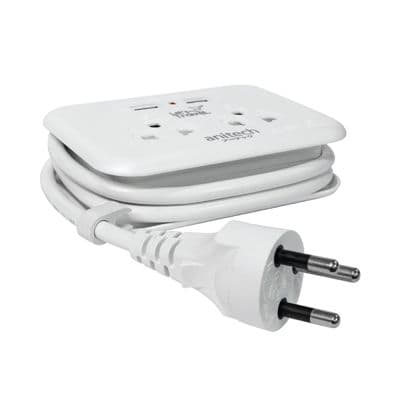 ANITECH Portable Power Strip (2 Outlet, 2 USB,, 1M, White) H9022