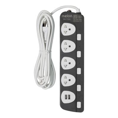 MELON รางปลั๊กไฟ (4 ช่อง, 5 สวิตซ์, 2 USB,3ม., สีดำ) รุ่น MLP-705 3M USB BLACK